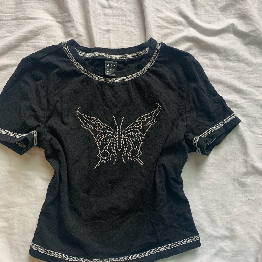 SHEIN Black Tee with White Stitching